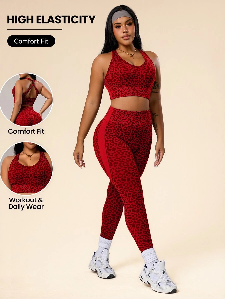 Rhythm Era Plus Size Women Leopard Print Jacquard Backless Halter Top And Leggings Sports Suit