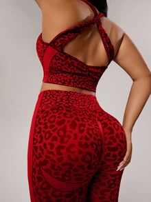 Rhythm Era Plus Size Women Leopard Print Jacquard Backless Halter Top And Leggings Sports Suit - Red - View 8
