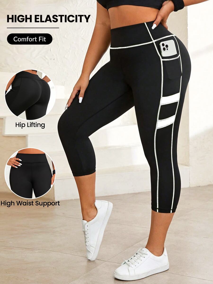 SHEIN Rhythm Era بنطال رياضي بحافة متباينة وجيوب مائلة وخصر عالي معدني مقاس كبير للجم والنشاط الصيفي باللونين الأسود والأبيض - أبيض وأسود - مشاهدة 1