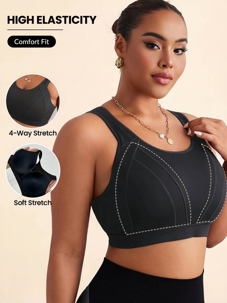 Rhythm Era Bra Olahraga Wanita Ukuran Besar Model One-Piece dengan Kawat Penyangga dan Bagian Belakang Model Racerback yang Dapat Diatur, Dukungan Tinggi untuk Aktivitas Olahraga di Gym Saat Tahun Baru Imlek, Warna Hitam, Musim Panas - Hitam - View 1
