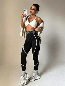 SHEIN Rhythm Era 大码女式高腰字母条纹功能性运动紧身裤，适合户外锻炼 - 黑色 - 查看 4