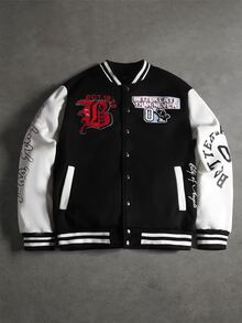 SLATEMANN Men's Fashion Patchwork Embroidered Single-Breasted Long Sleeve Pocket Baseball Jacket - Black - View 1