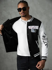 SLATEMANN Men's Fashion Patchwork Embroidered Single-Breasted Long Sleeve Pocket Baseball Jacket - Black - View 7
