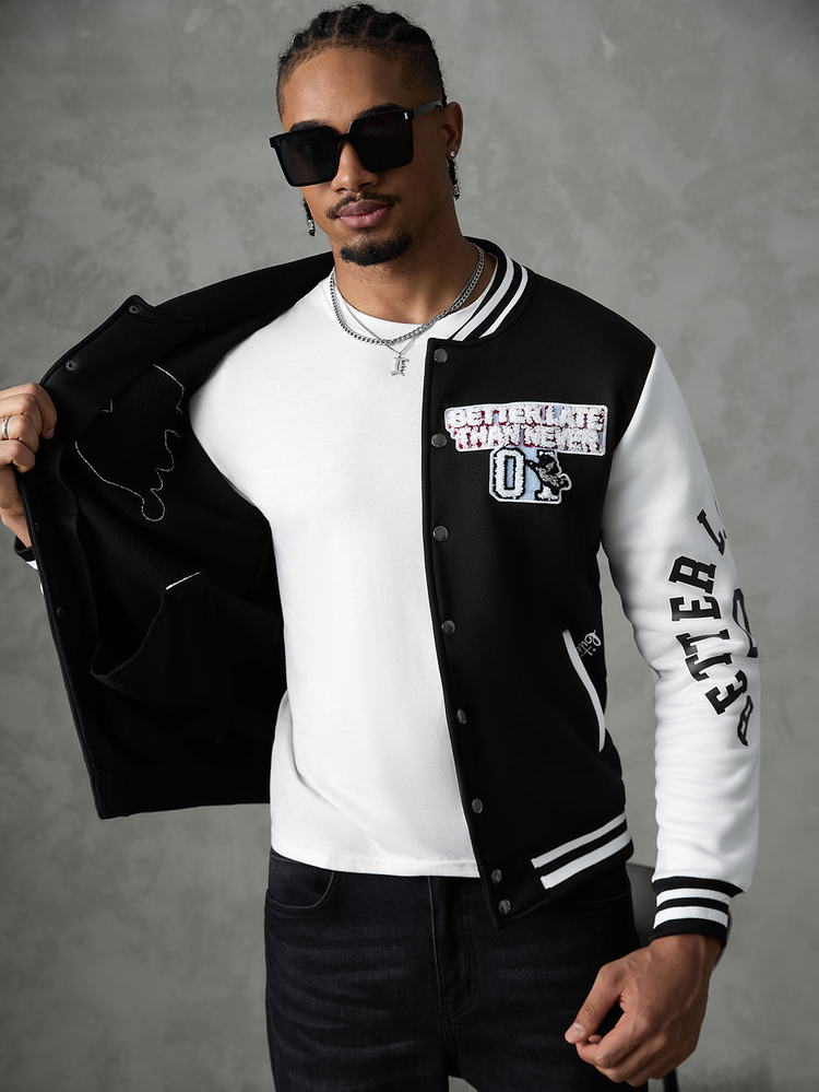 SLATEMANN Men's Fashion Patchwork Embroidered Single-Breasted Long Sleeve Pocket Baseball Jacket - Black - View 7
