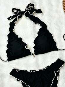 SHEIN Swim Bonvoyette-D 夏季黃色荷葉邊蕾絲撞色海星吊墜 精緻縫線邊抽繩打結掛脖深V露背 性感可愛沙灘比基尼女款兩件式泳衣套裝 - 黑色 - 查看 3