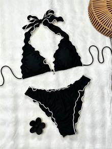 SHEIN Swim Bonvoyette-D 夏季黃色荷葉邊蕾絲撞色海星吊墜 精緻縫線邊抽繩打結掛脖深V露背 性感可愛沙灘比基尼女款兩件式泳衣套裝 - 黑色 - 查看 4