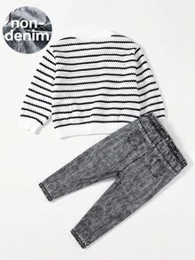 SHEIN 女嬰對比蝴蝶結裝飾條紋圖案套頭運動衫與卡通圖案錐形秋季長褲套裝 - 黑與白 - 查看 4