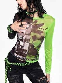 Beetlejuice X ROMWE Women's Fitted Round Neck Top With Co-Branded Graphic Print And Color Block - Multicolor - View 11