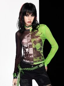 Beetlejuice X ROMWE Women's Fitted Round Neck Top With Co-Branded Graphic Print And Color Block - Multicolor - View 1