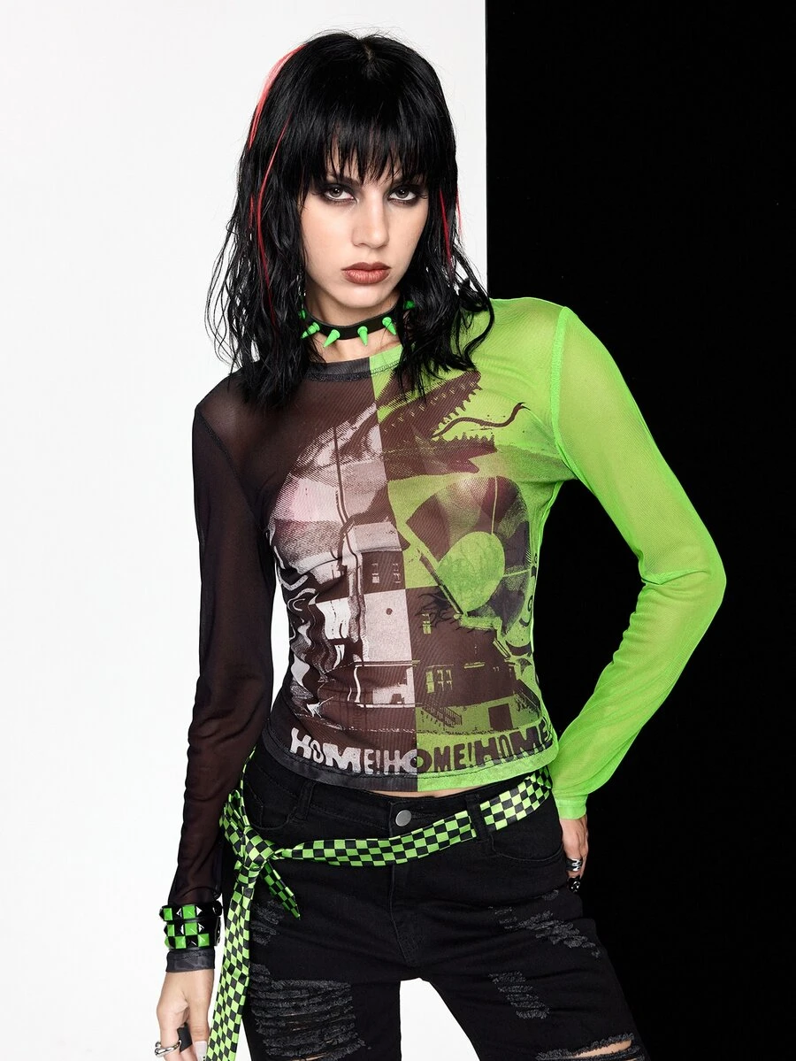 Beetlejuice X ROMWE Women's Fitted Round Neck Top With Co-Branded Graphic Print And Color Block - Multicolor - View 1