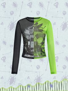 Beetlejuice X ROMWE Women's Fitted Round Neck Top With Co-Branded Graphic Print And Color Block - Multicolor - View 15