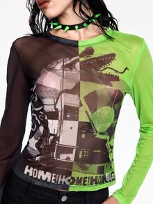 Beetlejuice X ROMWE Women's Fitted Round Neck Top With Co-Branded Graphic Print And Color Block - Multicolor - View 5