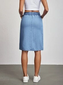 SHEIN Tall Women's Solid Color Elastic Waist Drawstring Design Denim Skirt - Blue - View 2