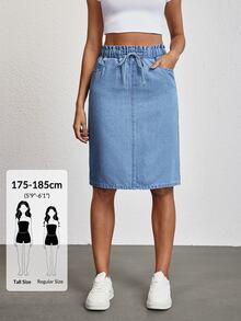 SHEIN Tall Women's Solid Color Elastic Waist Drawstring Design Denim Skirt - Blue - View 1