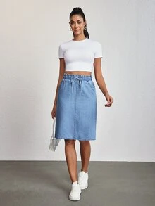 SHEIN Tall Women's Solid Color Elastic Waist Drawstring Design Denim Skirt - Blue - View 5