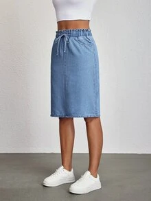 SHEIN Tall Women's Solid Color Elastic Waist Drawstring Design Denim Skirt - Blue - View 3