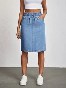 SHEIN Tall Women's Solid Color Elastic Waist Drawstring Design Denim Skirt - Blue - View 7