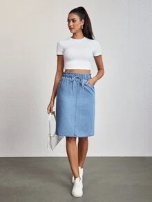 SHEIN Tall Women's Solid Color Elastic Waist Drawstring Design Denim Skirt - Blue - View 6