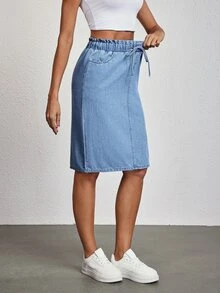 SHEIN Tall Women's Solid Color Elastic Waist Drawstring Design Denim Skirt - Blue - View 4