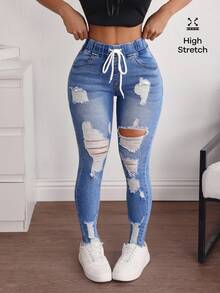 SHEIN Tall Women's Drawstring Waist Pocket Distressed Denim Skinny Flare Jeans - Blue - View 6