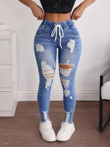 SHEIN Tall Women's Drawstring Waist Pocket Distressed Denim Skinny Flare Jeans - Blue - View 7