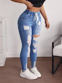 SHEIN Tall Women's Drawstring Waist Pocket Distressed Denim Skinny Flare Jeans - Blue - View 2