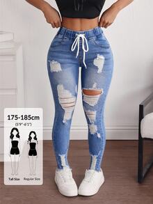 SHEIN Tall Women's Drawstring Waist Pocket Distressed Denim Skinny Flare Jeans - Blue - View 1