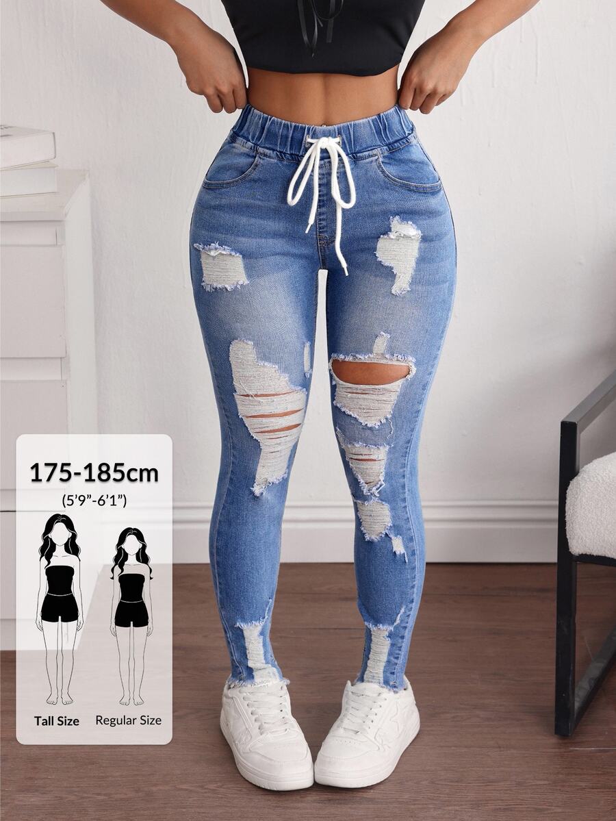 SHEIN Tall Women's Drawstring Waist Pocket Distressed Denim Skinny Flare Jeans - Blue - View 1