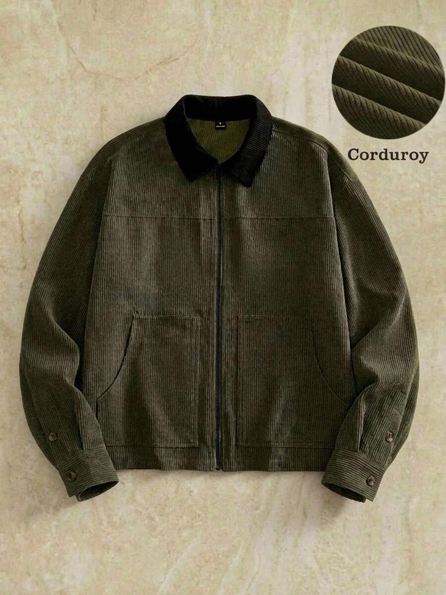 HIMLAND Herren Cord-Jacke, Vintage Arbeitskleidung Mantel, Olivgrüne Oberbekleidung, Kontrastkragen Jacke, Reißverschluss Lässig Top, Retro Herrenmode, Herbst Winter Mode