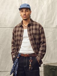 Norleigh Férfi 1 db oversize pamut kockás mintás lejtett vállú póló, őszi, páros ajándék, hosszú ujjú felső