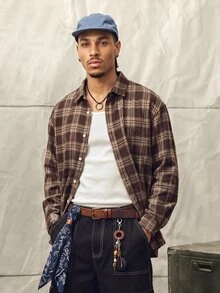 Norleigh Men 1pc Oversized Cotton Plaid Print Drop Shoulder Shirt, Fall, Couple Things, Long Sleeve Top - Coffee Brown - View 1
