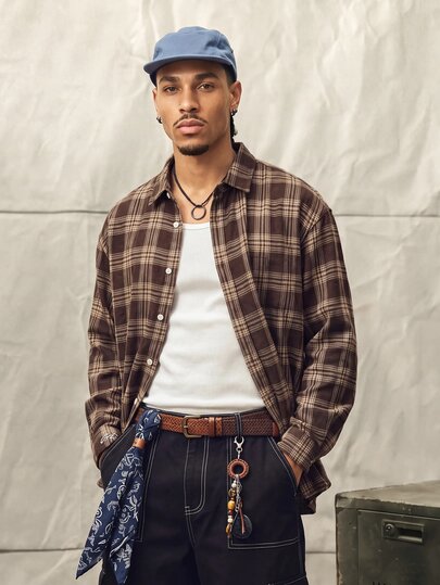 Norleigh Men 1pc Oversized Cotton Plaid Print Drop Shoulder Shirt, Fall, Couple Things, Long Sleeve Top