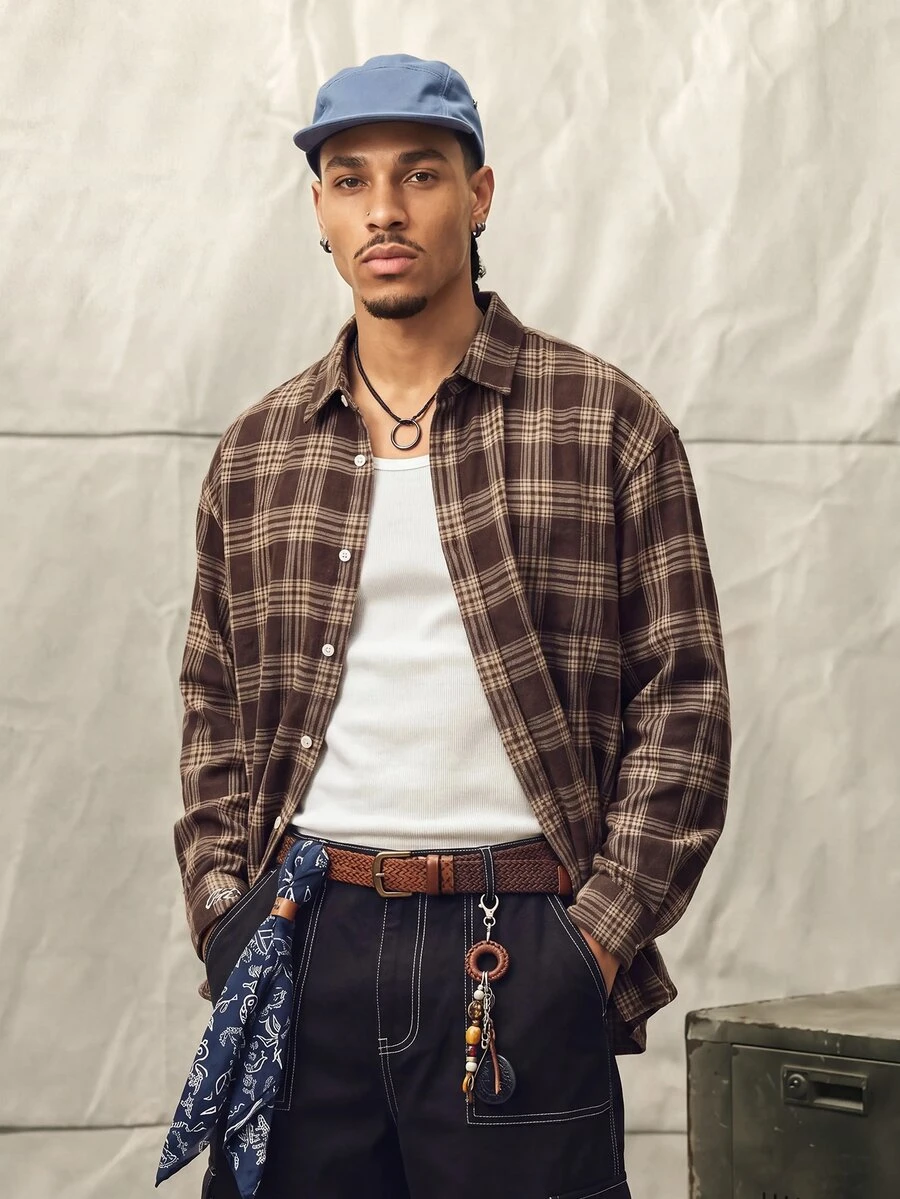 Norleigh Men 1pc Oversized Cotton Plaid Print Drop Shoulder Shirt, Fall, Couple Things, Long Sleeve Top - Coffee Brown - View 1