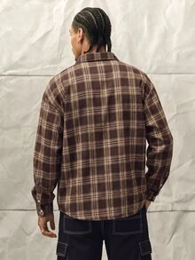 Norleigh Men 1pc Oversized Cotton Plaid Print Drop Shoulder Shirt, Fall, Couple Things, Long Sleeve Top - Coffee Brown - View 2
