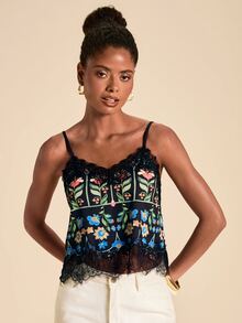 Travachic Women's Lace Patchwork Floral Print Casual Daily Camisole Top - Black - View 3