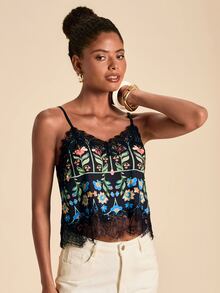 Travachic Women's Lace Patchwork Floral Print Casual Daily Camisole Top - Black - View 5