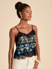 Travachic Women's Lace Patchwork Floral Print Casual Daily Camisole Top - Black - View 4