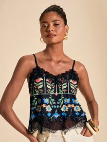 Travachic Women's Lace Patchwork Floral Print Casual Daily Camisole Top - Black - View 6