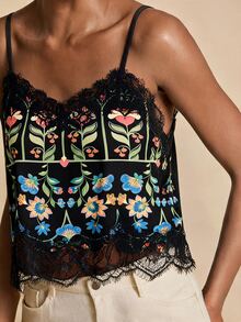 Travachic Women's Lace Patchwork Floral Print Casual Daily Camisole Top - Black - View 7