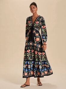 Travachic Gaun Elegan Wanita dengan Motif Bunga, Leher V Dalam, dan Tali Depan dengan Detail Renda Kontras - Hitam - View 1