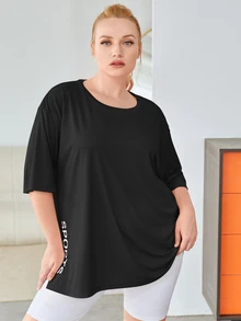 SHEIN Rhythm Era Plus Letter Graphic Split Hem Sports Tee - Black - View 5