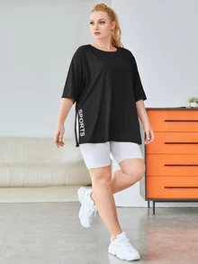 SHEIN Rhythm Era Plus Letter Graphic Split Hem Sports Tee - Black - View 7
