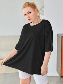 SHEIN Rhythm Era Plus Letter Graphic Split Hem Sports Tee - Black - View 6