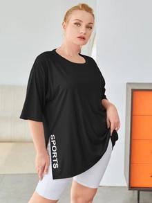 SHEIN Rhythm Era Plus Letter Graphic Split Hem Sports Tee - Black - View 3