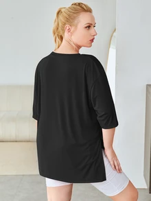 SHEIN Rhythm Era Plus Letter Graphic Split Hem Sports Tee - Black - View 4