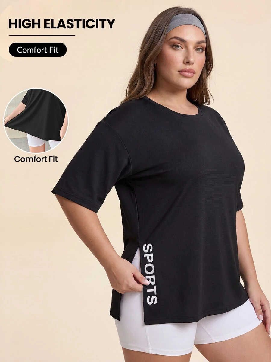 SHEIN Rhythm Era Plus Letter Graphic Split Hem Sports Tee