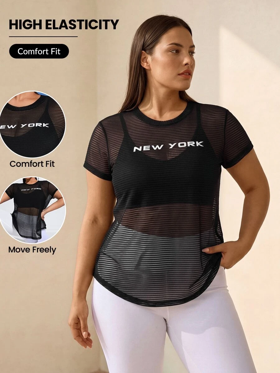 SHEIN Rhythm Era تي شيرت رياضي شبكي مطبوع بشعار الزائد بدون حمالة صدر للنساء في صالة الألعاب الرياضية