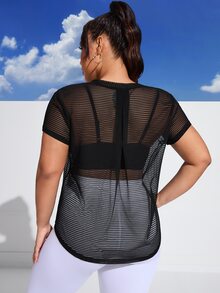 SHEIN Rhythm Era تي شيرت رياضي شبكي مطبوع بشعار الزائد بدون حمالة صدر للنساء في صالة الألعاب الرياضية - الأسود - مشاهدة 3
