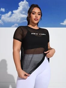 SHEIN Rhythm Era تي شيرت رياضي شبكي مطبوع بشعار الزائد بدون حمالة صدر للنساء في صالة الألعاب الرياضية - الأسود - مشاهدة 7