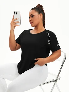 SHEIN Rhythm Era Plus Size Letter Print Short Sleeve Sports T-Shirt Gym Women Shirts Gym Active Black Summer - Black - View 3